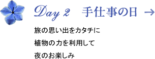 Day 2　手仕事の日　旅の思い出をカタチに植物の力を利用して夜のお楽しみ